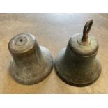 Near pair of antique bronze bells, one with suspension loop (total height 30cm)