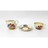 Clarice Cliff Crocus pattern cupp, saucer and milk jug