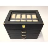 Italian black leather three draw watch display box with glazed hinged lid