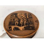Rare Victorian Mauchline ware snuff box, with a penwork titled scene from the 'Tam O'Shanter', 9cm a