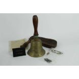 Second World War ARP Air Raid Wardens bell, together with a gas rattle, county of Essex, wardens pas