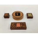 Three Tunbridge ware stamp boxes, and another Mauchline type stamp box