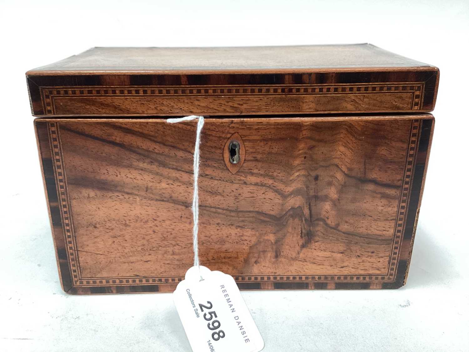 Victorian walnut tea caddy with banded decoration to edges, two-division interior, 18cm wide - Image 2 of 8