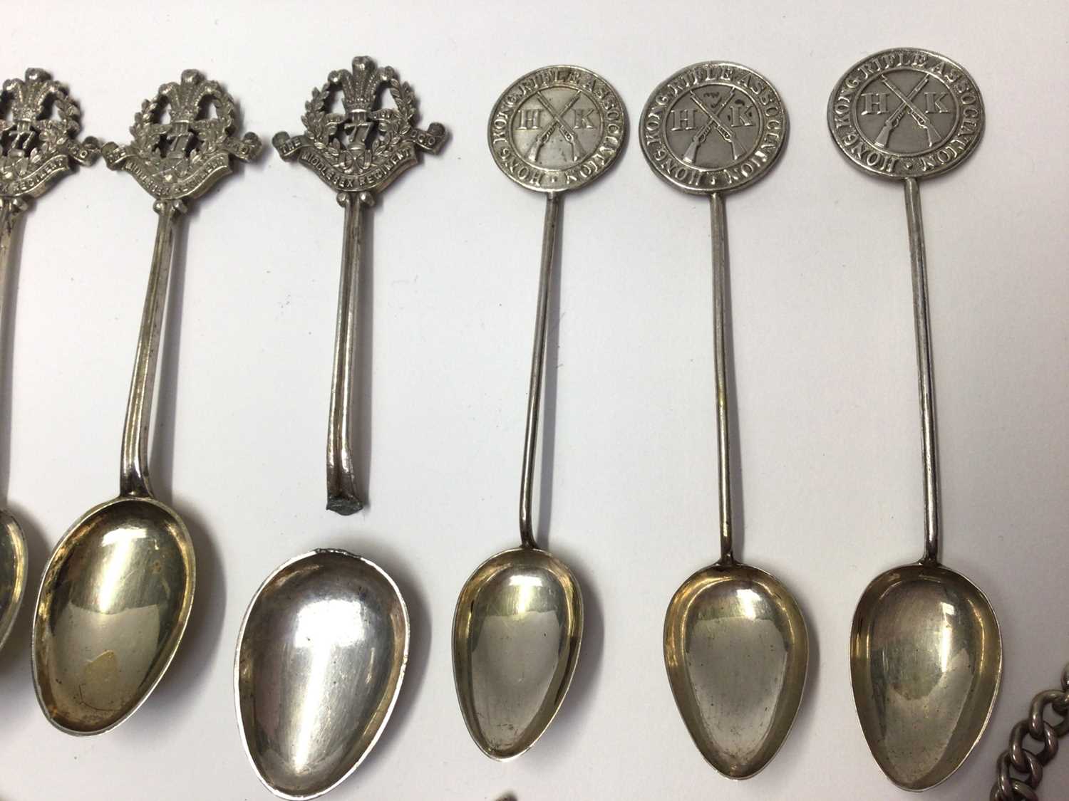 Collection of silver and plated military related teaspoons, WWII pocket watch, chain, silver fobs et - Image 3 of 6