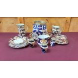 Selection of Imari pattern china including Davenport biscuit barrel with plated mounts, two Aynsley