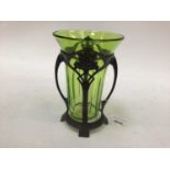 Art Nouveau pewter vase with green glass liner