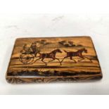 Rare Victorian Mauchline ware snuff box, with a penwork carriage driving scene, the outside with fol