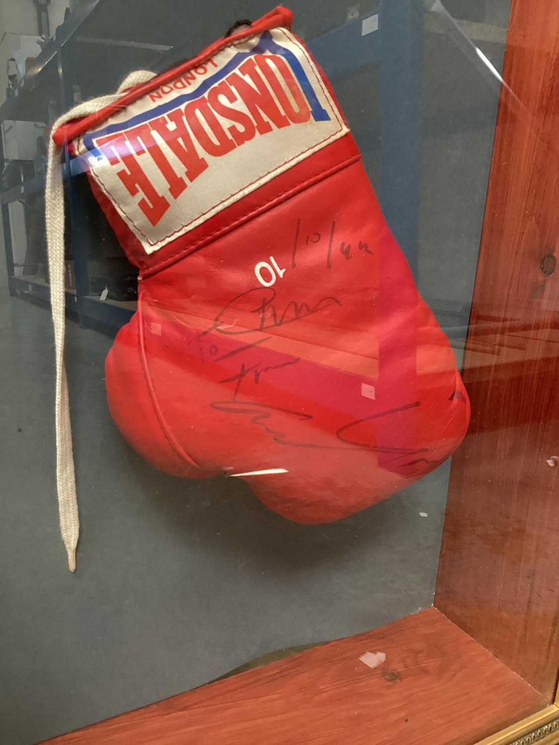 Chris Eubank signed boxing gloves, trophy etc in glazed frame - Image 5 of 8