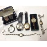 Silver cased fob watch, two ladies vintage marcasite cocktail watches and others