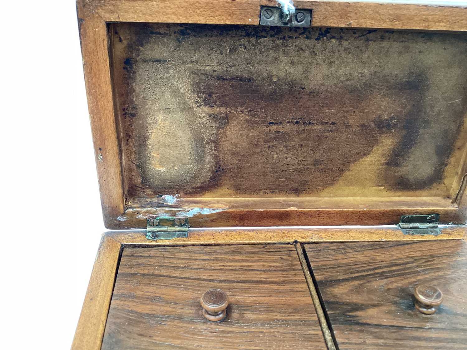 Victorian walnut tea caddy with banded decoration to edges, two-division interior, 18cm wide - Image 7 of 8