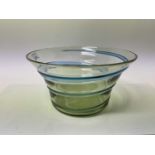 Large Whitefriars green glass bowl with blue ribbon trailed decoration, possibly by Barnaby Powell,
