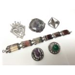 Scottish agate panel bracelet and five Scottish silver brooches