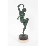 Art Deco green-patinated metal figure of a nude woman dancing, on marble base, signed 'Denis' and 'M