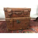 Vintage luggage a leather trunk, leather lined and with removable tray plus a suitcase, floral linin