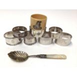 Seven various silver napkin rings, celluloid napkin ring and silver spoon in fitted case