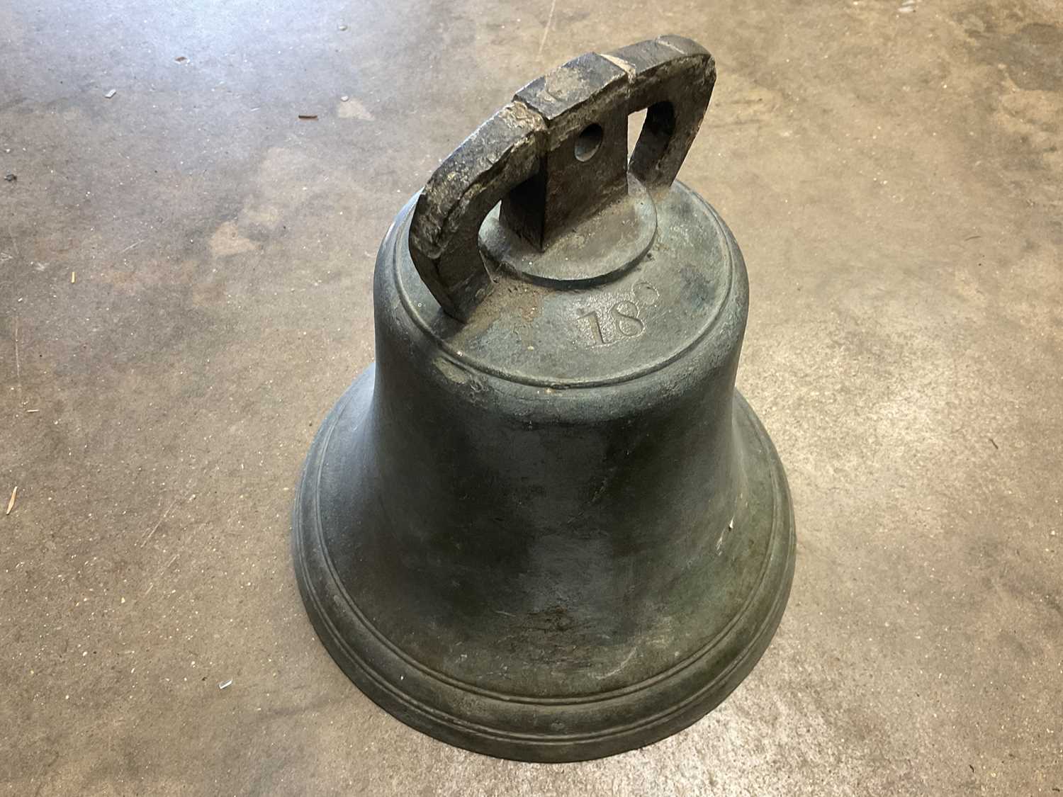 19th century bronze bell, numbered 18, 23cm high