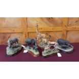 Five Border Fine Arts sculptures - Elephant and baby, Hippo and baby, Gazelles, Giraffes and Rhino a