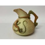 Royal Worcester blush ivory jug with basket weave moulded body and applied lizard decoration, 14.5cm