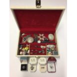 Jewellery box containing vintage costume jewellery, silver full hunter pocket watch and bijouterie