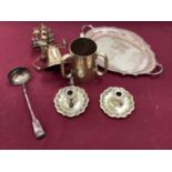 Collection of silver plated ware to include Tyg engraved 'U.C.S. Bicycle Race', pair of chamber stic