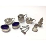 Three silver mustard pots, pair silver salts and two silver pepperettes