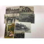 Postcards in large album including 1912 Colchester High Street Parade, 1910 Saffron Walden Election