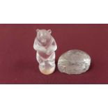 R.Lalique glass menu holder, together with a Lalique glass model of a performing bear, 7.5cm high, b