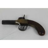 Victorian percussion pocket pistol with turn-off barrel, brass boxlock frame, finely chequered bag g