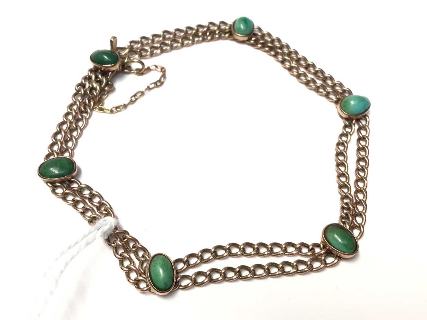 Victorian 9ct gold double chain bracelet set with six turquoise cabochons