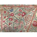 19th century Suzani textile worked in panels and re-stitched together. Hand stitched silk thread emb
