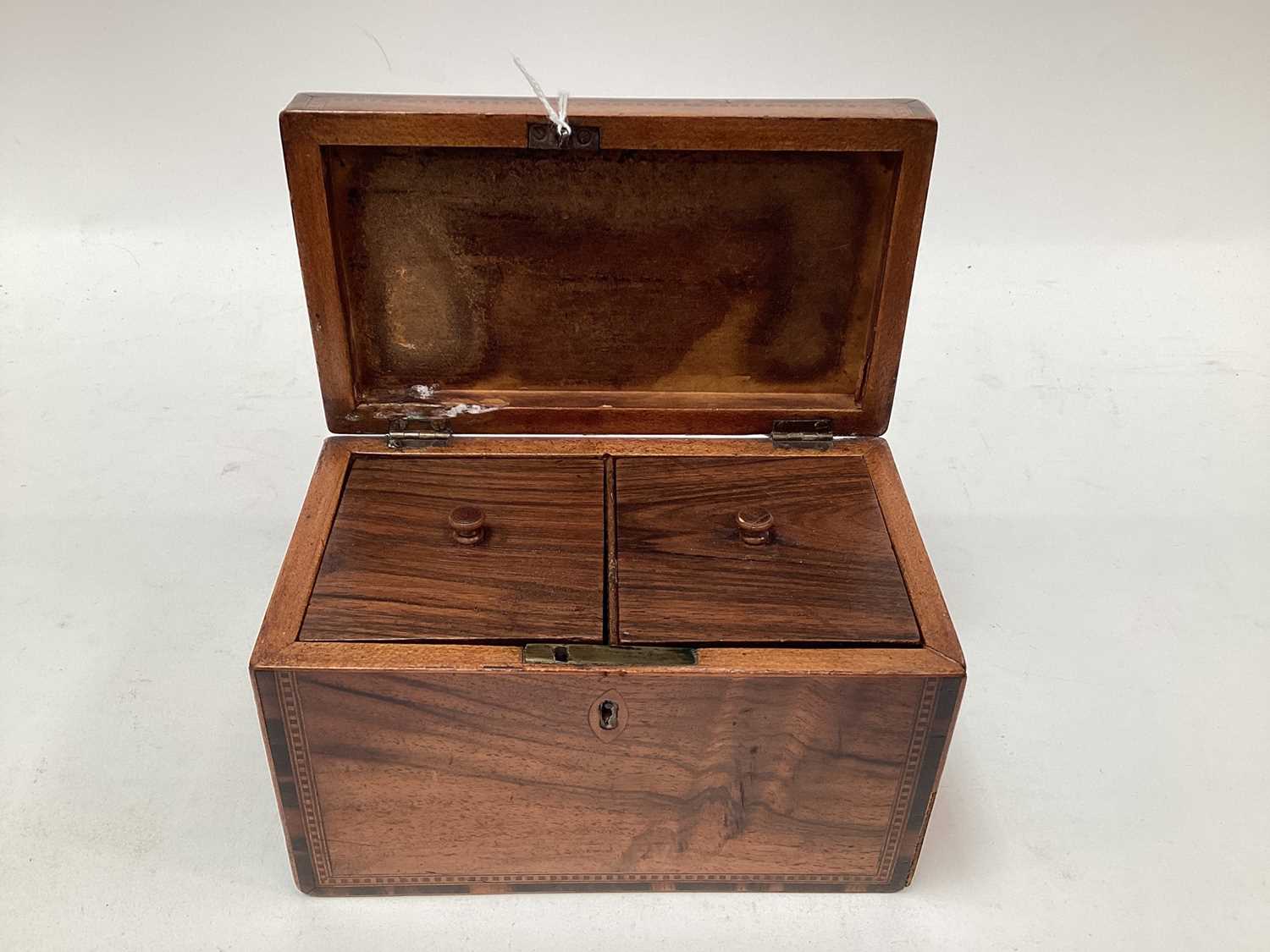 Victorian walnut tea caddy with banded decoration to edges, two-division interior, 18cm wide - Image 6 of 8