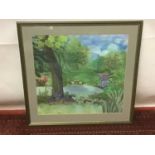 Fabric art picture, water colour, applique and embroidery garden scene.