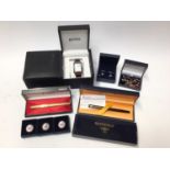 Hugo Boss wristwatch in box, silver and other cufflinks, Parker and Waterman pens