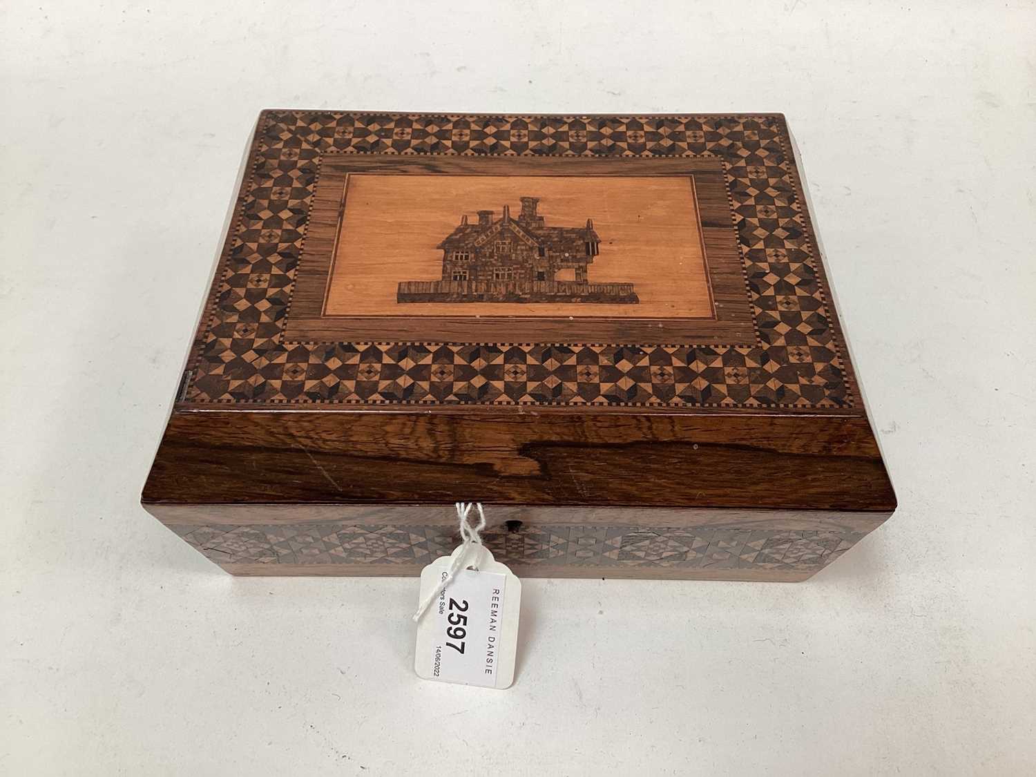 Victorian Tunbridgeware sewing box, the top with inlaid picture of a cottage, with geometric pattern