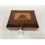 Victorian Tunbridgeware sewing box, the top with inlaid picture of a cottage, with geometric pattern