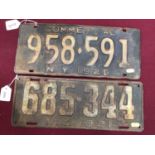 Two early American Car Licence plates, 685-344 N.Y. 1921 and Commercial 958. 591 N.Y. 1926 (2)