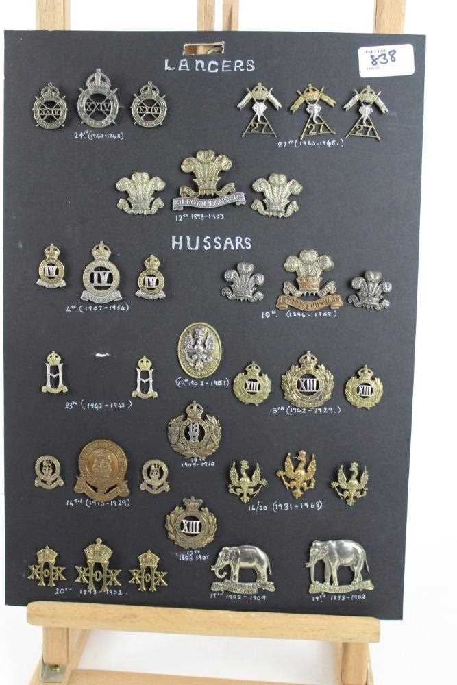 Five boards mounted with British military cap badges, Lancers, Hussars and Dragoons some reproductio - Image 2 of 14