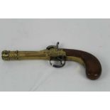 19th century Belgian percussion pocket pistol with brass barrel and frame, engraved on back strap '1