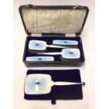 1930s five piece silver and blue enamel dressing table set in case