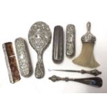 Group silver backed dressing table items