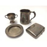 George V silver christening mug, (Chester 1910), together with a silver cigarette case, pin dish and