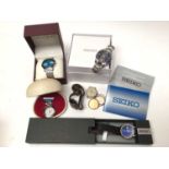 Seiko Solar Chronograph stainless steel wristwatch, boxed, and other watches
