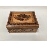 Tunbridgeware sewing / work box, the top decorated with a floral spray, the border and sides with fl