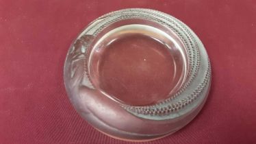 R.Lalique circular dish/coaster with nude lady decoration, signed, 14cm diameter