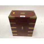 19th century mahogany brass bound decanter box with Bramah lock, blue velvet lined interior containi