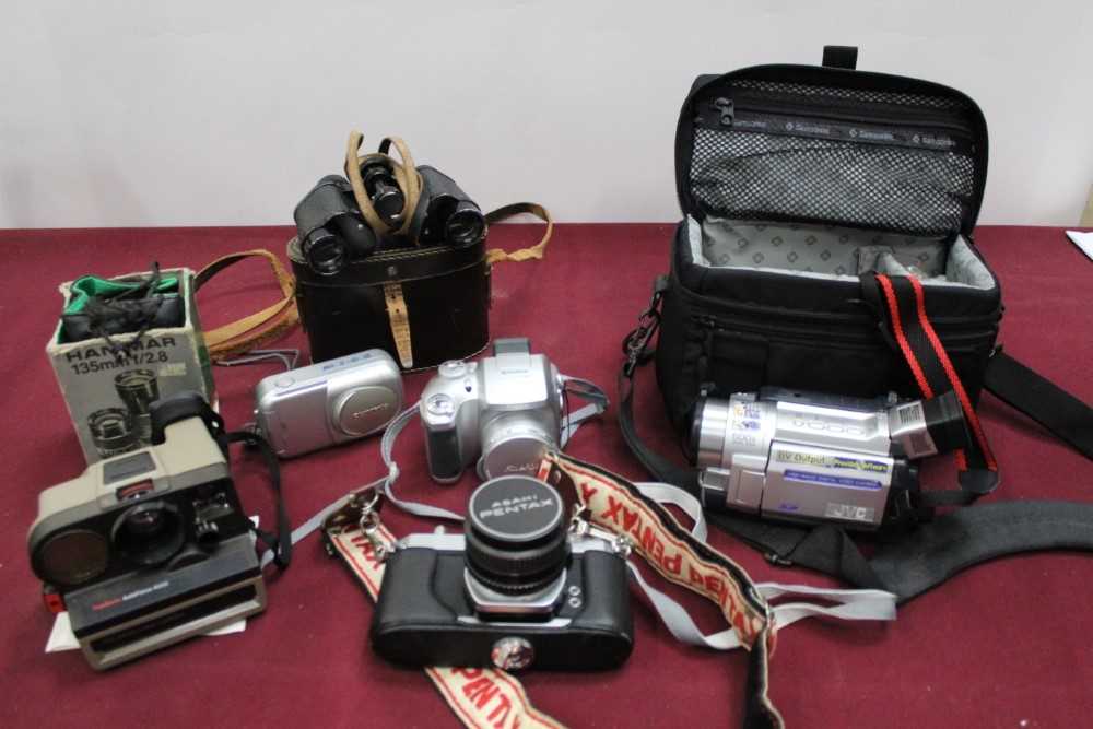 Group of cameras, lenses, accessories and binoculars, including a Nikon EM, Pentax SP 1000, box came