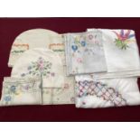 Table linens mainly white cotton and starched, some with lace and pulled thread work plus a box of e