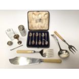Set six silver coffee spoons in fitted case, miniature silver spill vase, glass jars and plated flat