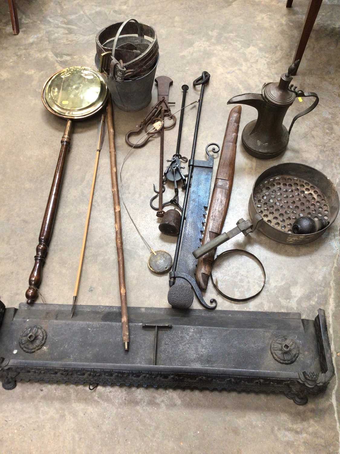 Sundry metalwares and other items, including a fender, Middle Eastern coffee pot, fireplace accessor