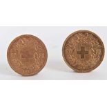 Switzerland - Gold 20 Francs 1927 x 2 GEF-AU (2 coins)